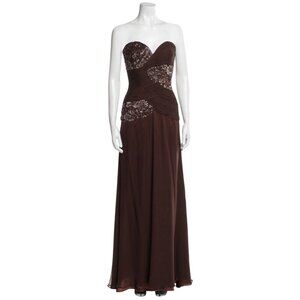 Jovani New York Strapless Beaded Ruched Chiffon Evening Gown 16 Chocolate Brown